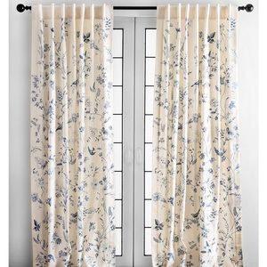 2- 50” x 96” Blue and Cream Toile curtain panels.  Bird pattern